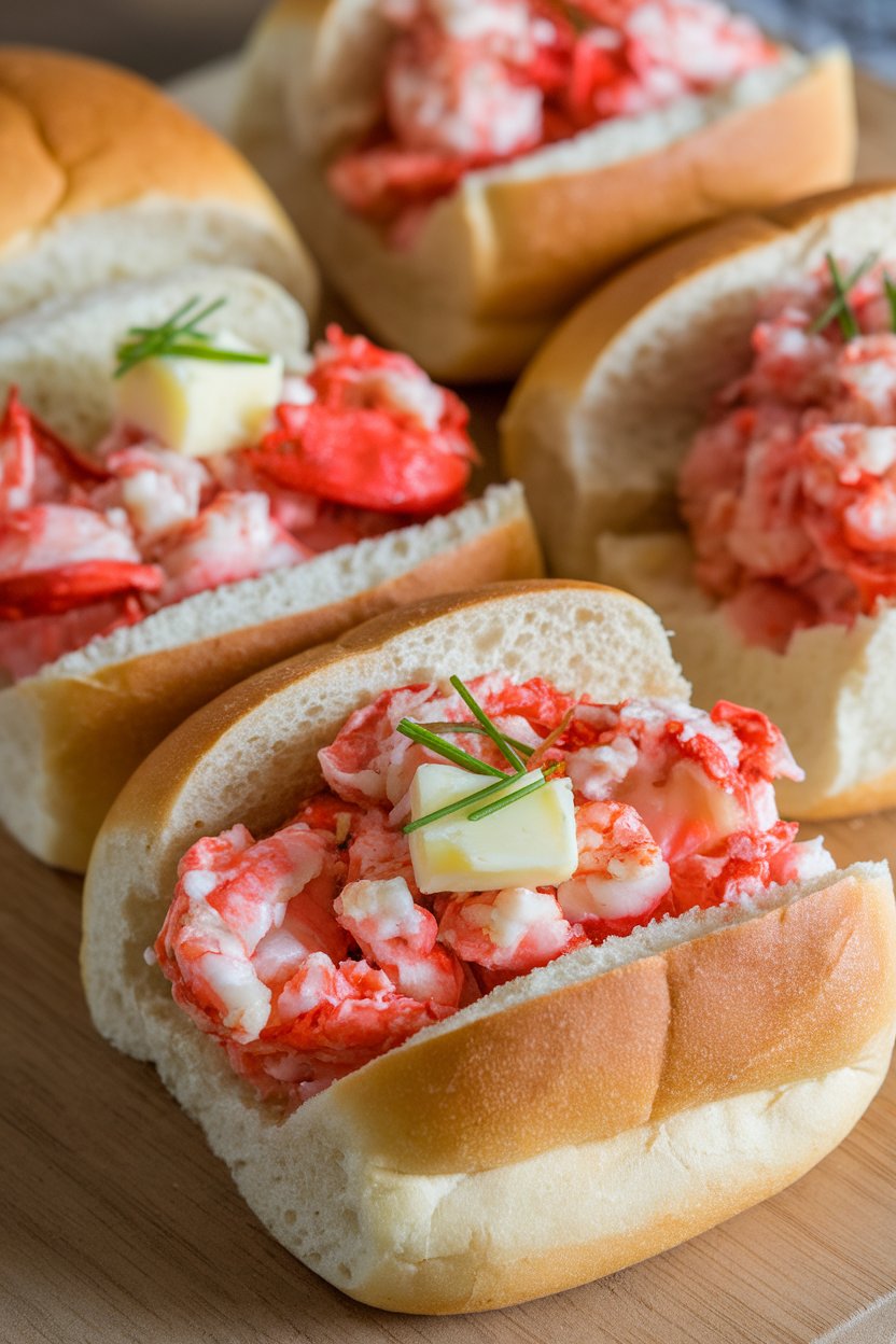 Indoor photo of split-top buns overflowing with dressed lobster meat, a dusting of chives on top. No text or logos. Fully cooked lobster.
