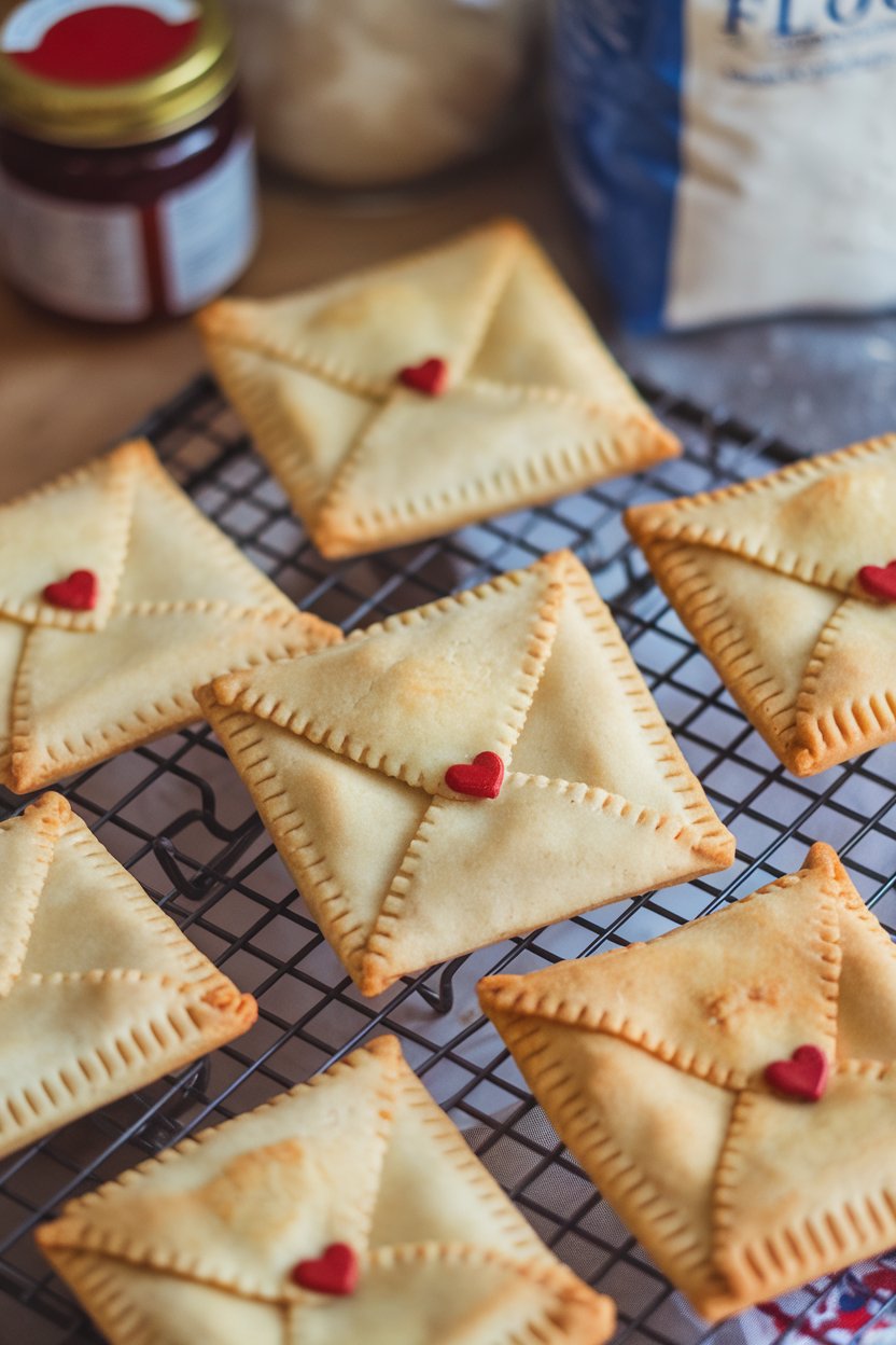 Envelope-shaped hand pies with crimped edges and tiny red heart “seals,” photographed on an indoor baker’s rack. No logos in view.