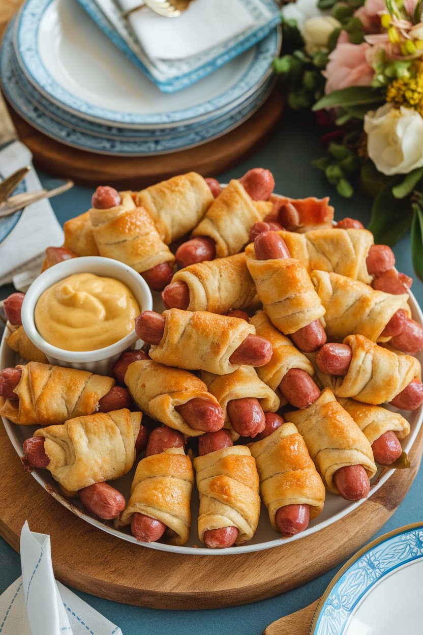An indoor party platter showing mini sausages wrapped in flaky crescent dough, golden brown with a side of mustard. No text or logos. Photo, not illustration.