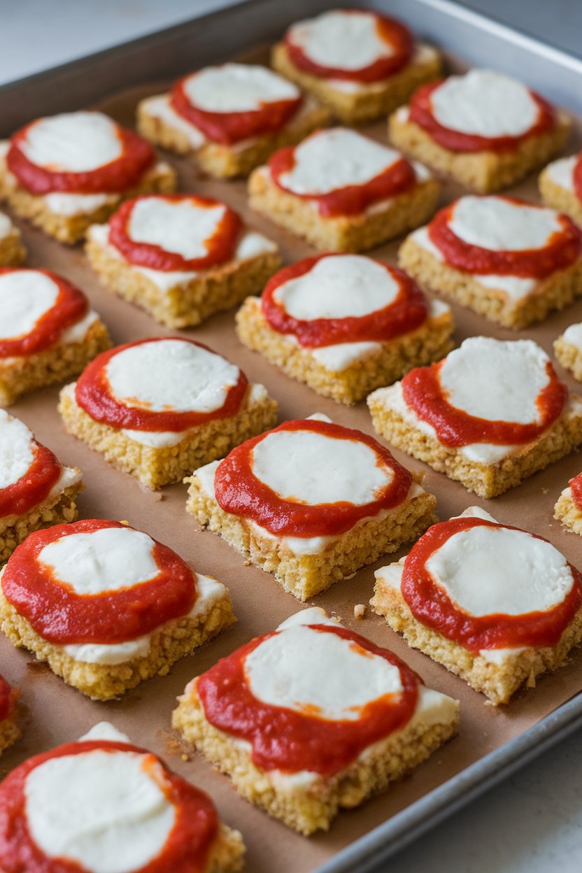 Photo of small square pizza bites topped with marinara and mozzarella on a cauliflower crust, displayed on a baking sheet indoors. No text or logos.