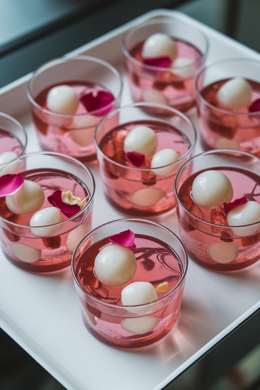 Clear dessert cups with translucent pink jelly dotted with lychee pieces and edible rose petals, photographed indoors on a white tray. No text or logos in scene.