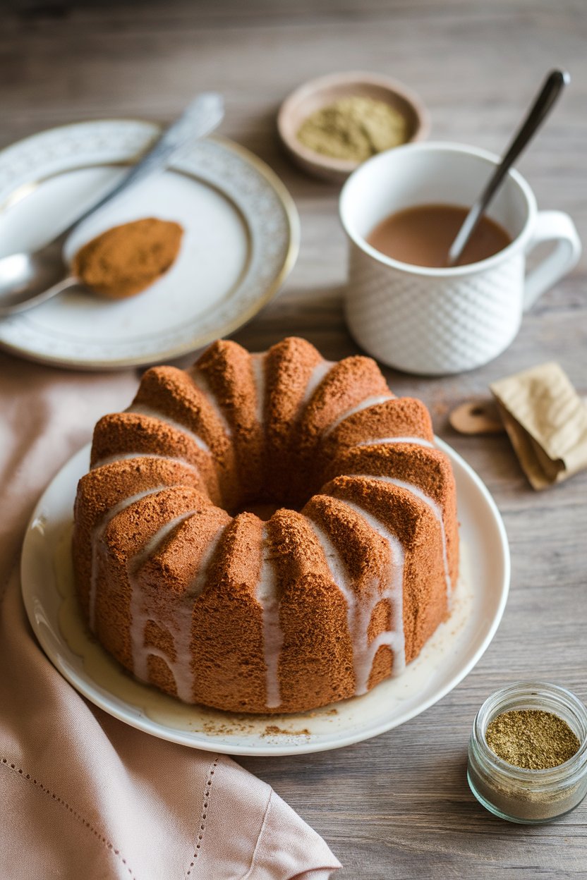 A cozy indoor tea setup with an airy chai-spiced chiffon cake, light glaze, and dusting of ground cardamom, no text or logos.