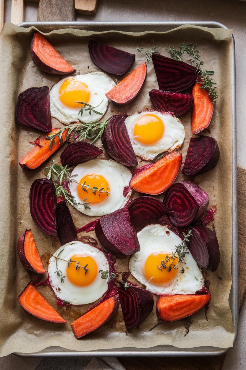 Indoor overhead photo of a sheet pan showing vibrant roasted beet wedges, creamy goat cheese dollops, and baked eggs. No text or logos.
