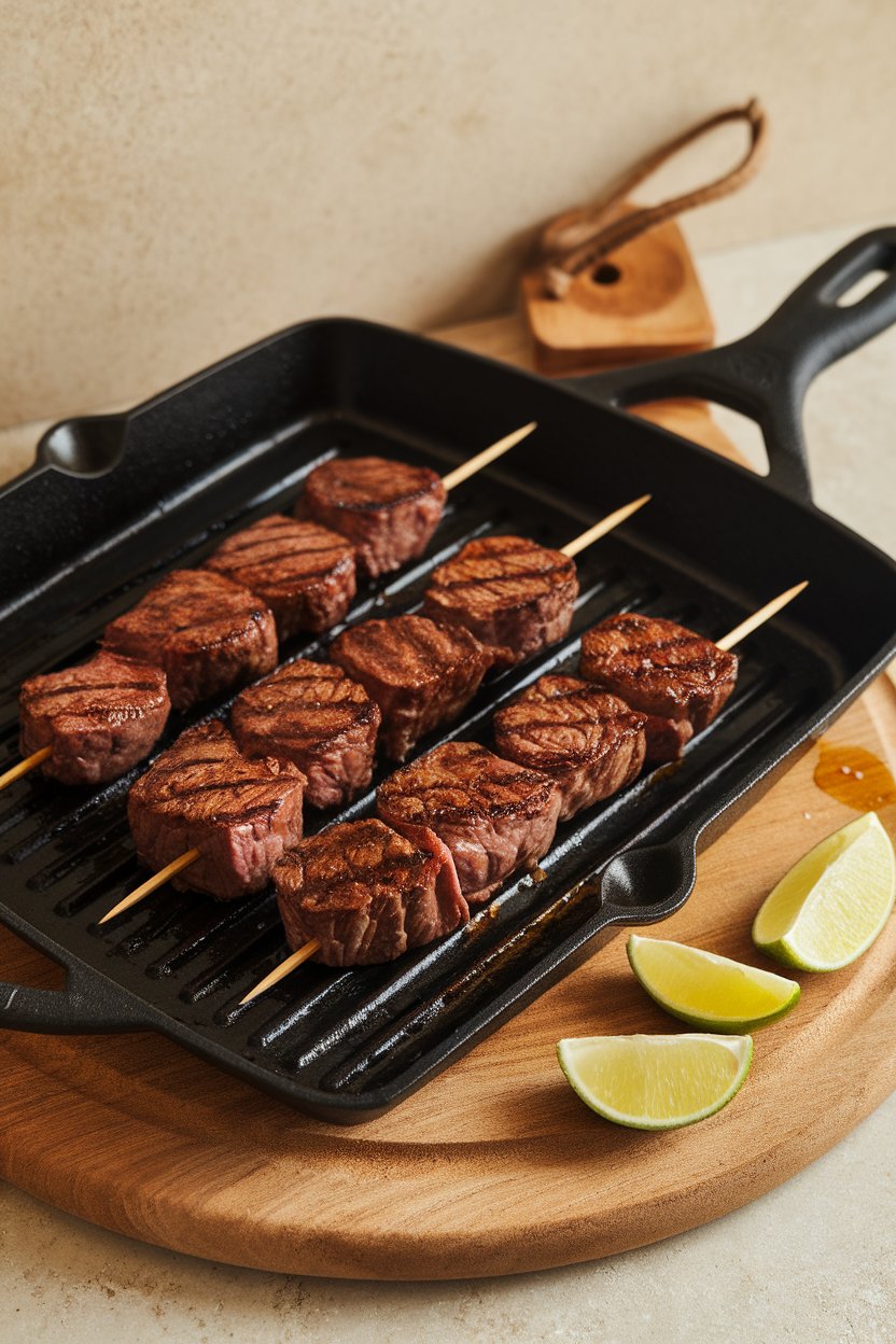 Indoor photo of cast-iron grill pan with chili lime steak cubes on skewers, lime wedges on the side. No text or logos.