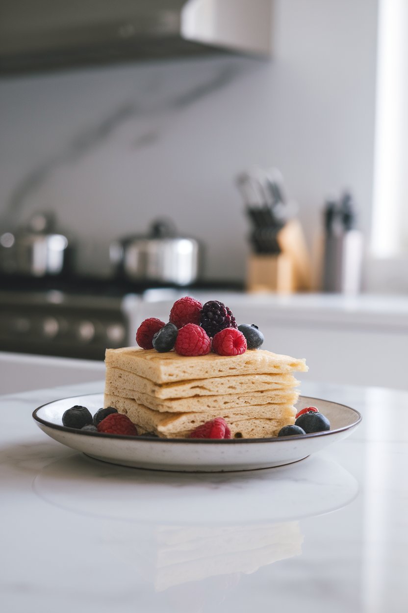 Light-golden gluten-free pancake square made with almond flour, topped with mixed berries, indoor clean modern kitchen, no text or logos.