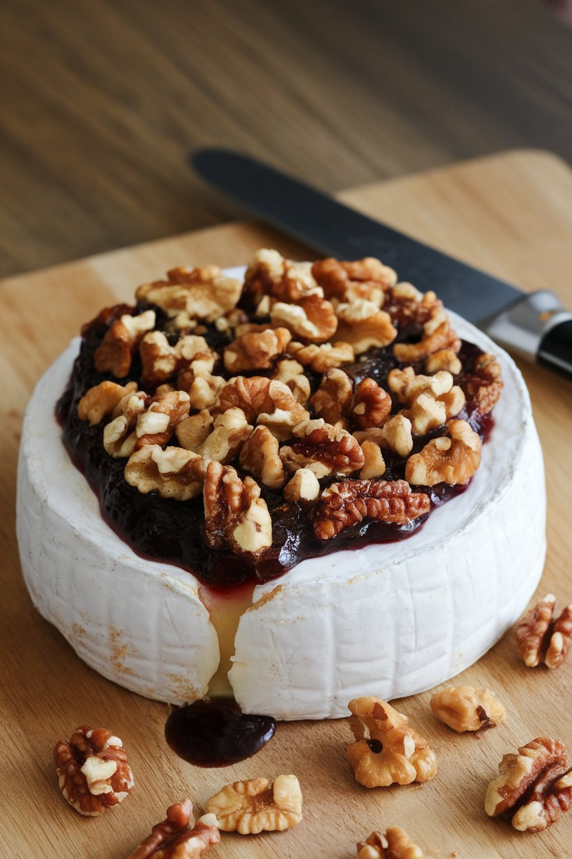 Indoor photo of a wheel of Brie baked until gooey, topped with dark fig jam and chopped walnuts, knife resting beside it. No text or logos.
