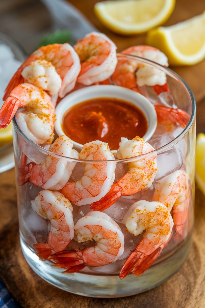 Indoor photo of a glass filled with chilled cooked shrimp dusted with Cajun seasoning, cocktail sauce in the center, no text or logos.