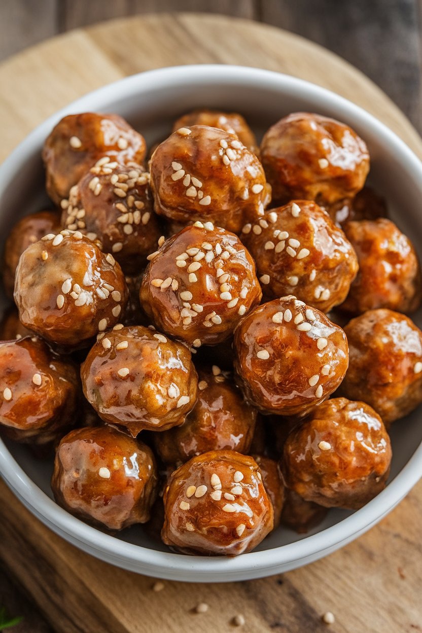 Indoor photo of a serving bowl heaped with glossy honey garlic glazed meatballs, garnished with sesame seeds; no text or logos