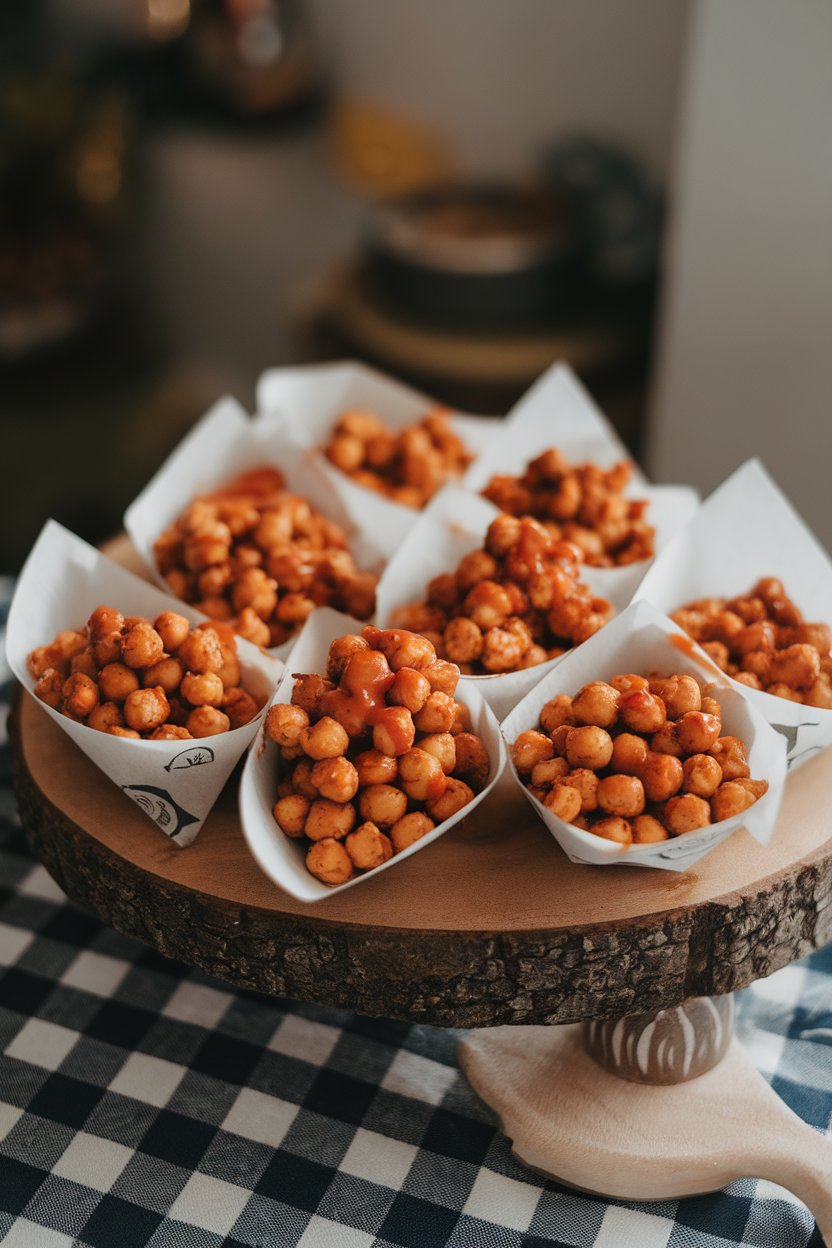 Photo prompt: Indoor wooden serving board with parchment cones of seasoned, roasted chickpeas drizzled in buffalo sauce. No text or logos. Photo, not illustration.