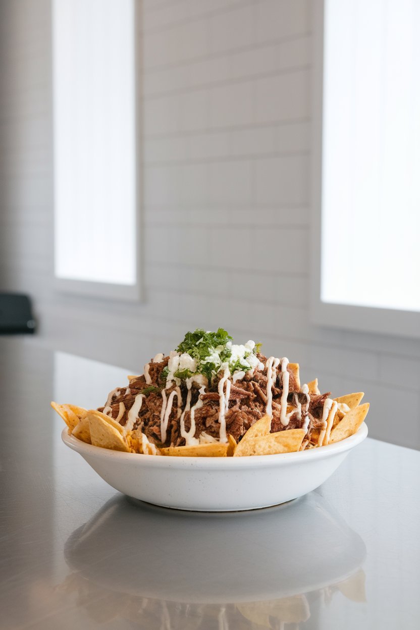Indoor counter with nachos topped with shredded beef, chimichurri drizzle, and queso fresco; no text or logos, photo not illustration.