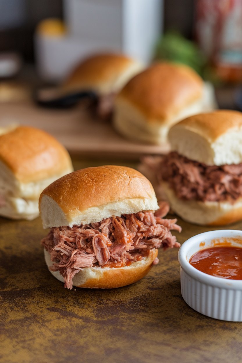 A rustic indoor countertop showing mini brioche buns stuffed with saucy pulled pork, a ramekin of barbecue sauce nearby, no text or logos. Photo only.
