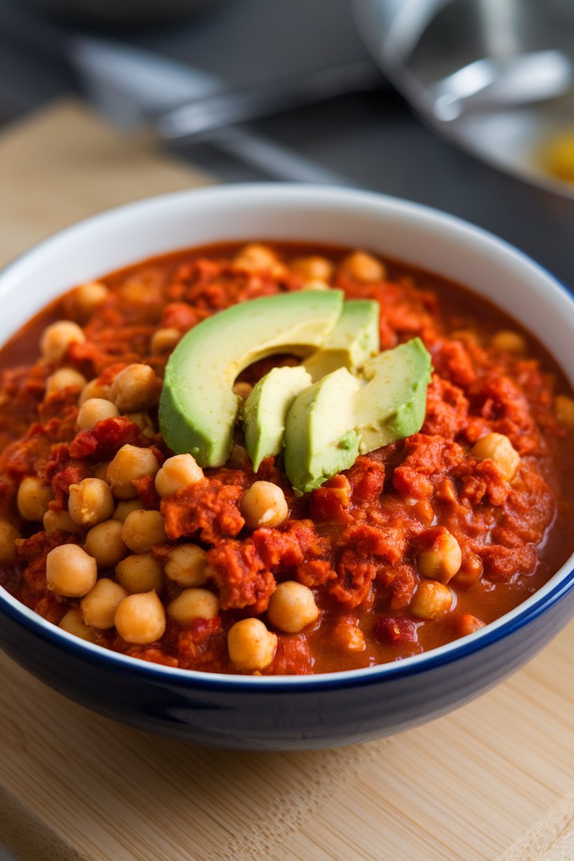 Indoor photo of a bowl of thick vegetarian chili loaded with chickpeas, tomatoes, and smoked paprika, topped with avocado slices; no text or logos.