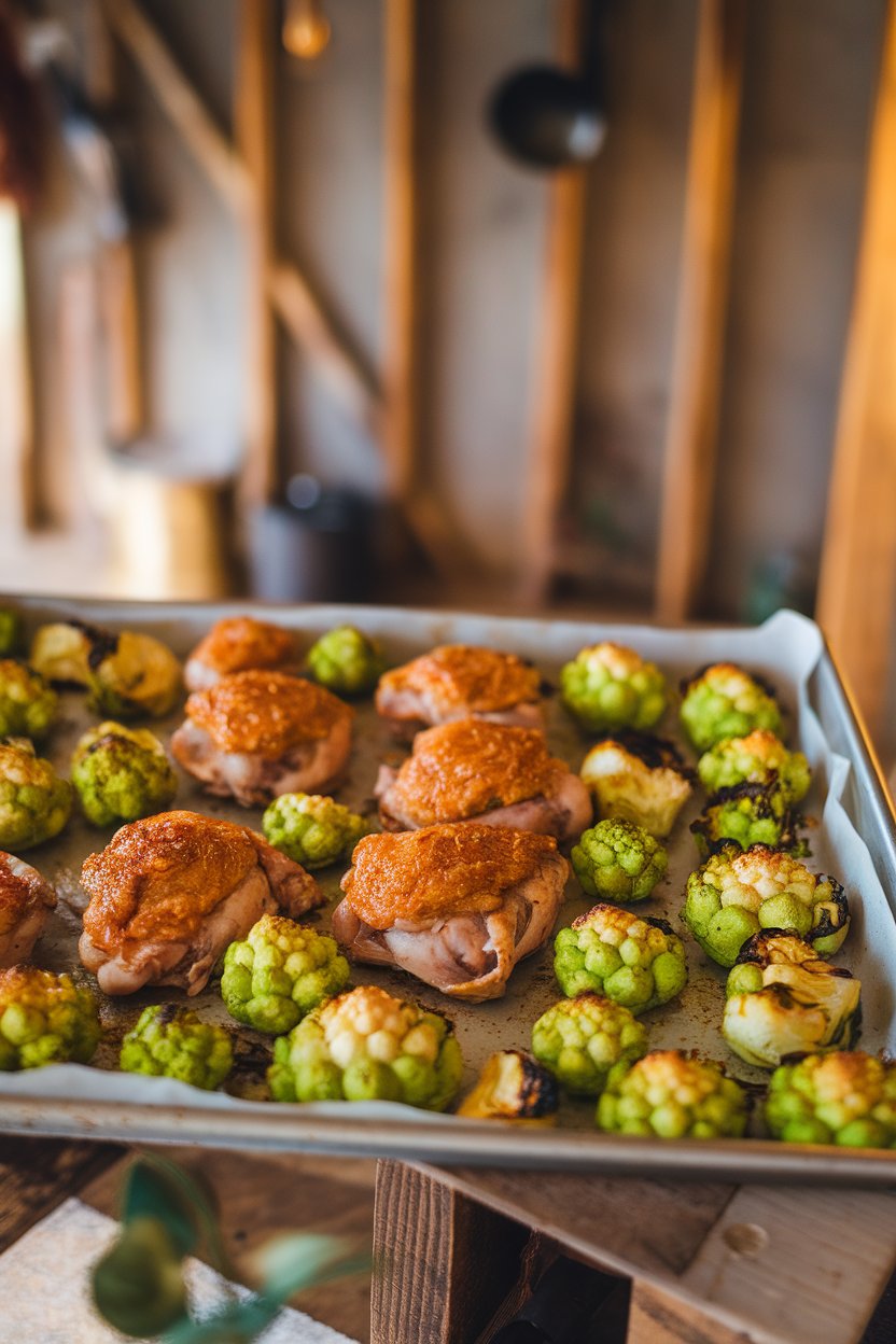 Indoor photo showing Dijon-garlic coated chicken thighs, bright green romanesco florets roasted golden on a sheet pan. Warm lighting, no text or logos.