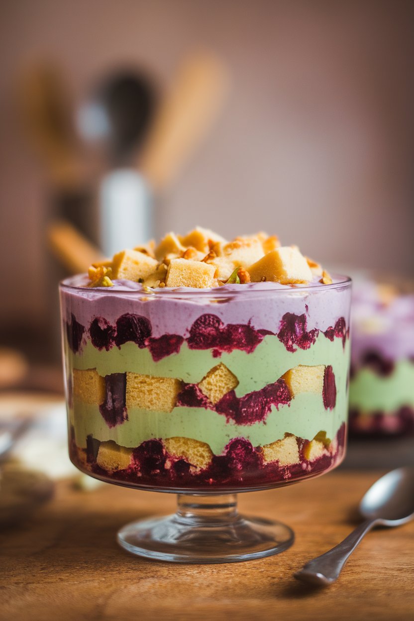 Indoor trifle bowl layered with purple berry compote, green pistachio pudding, and golden cake cubes topped with whipped cream. Photo, no text or logos.