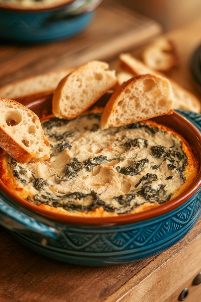 Photo of a bubbling ceramic dish of spinach artichoke dip indoors, toasted bread slices alongside, no text or logos