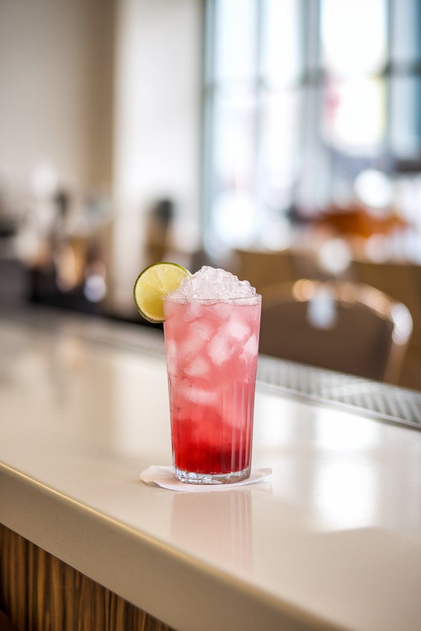 An indoor soda-fountain counter showing a tall glass of ruby cherry lime rickey with crushed ice mound and lime wheel. No logos or text. Photo.
