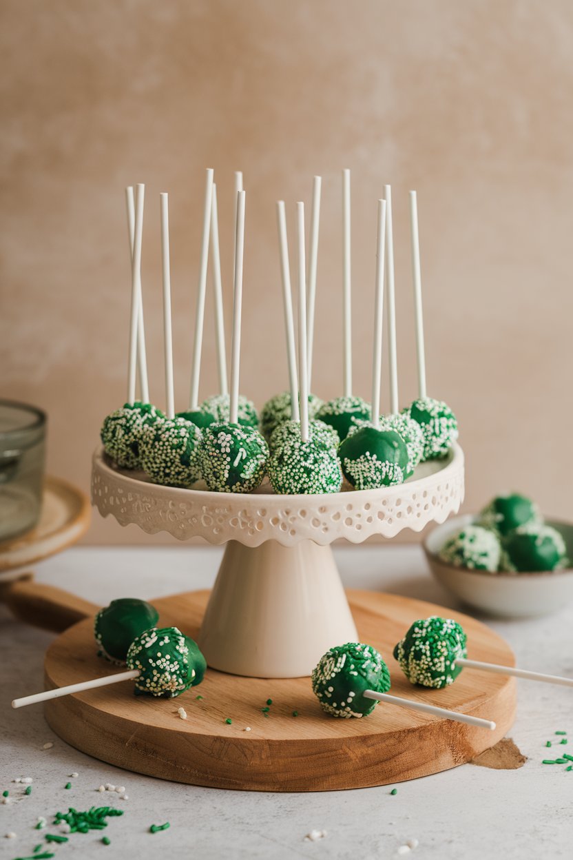 An indoor cake pop stand with round green velvet pops coated in white chocolate and green sprinkles, no text or logos. Photo only.