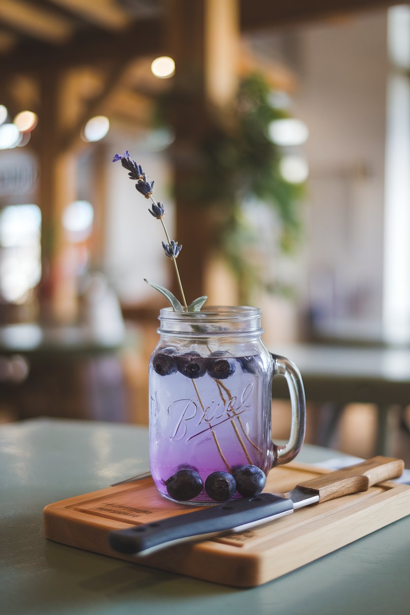 Indoor café table with a mason jar of violet lemonade, dried lavender sprig, blueberries floating. No text or logos.