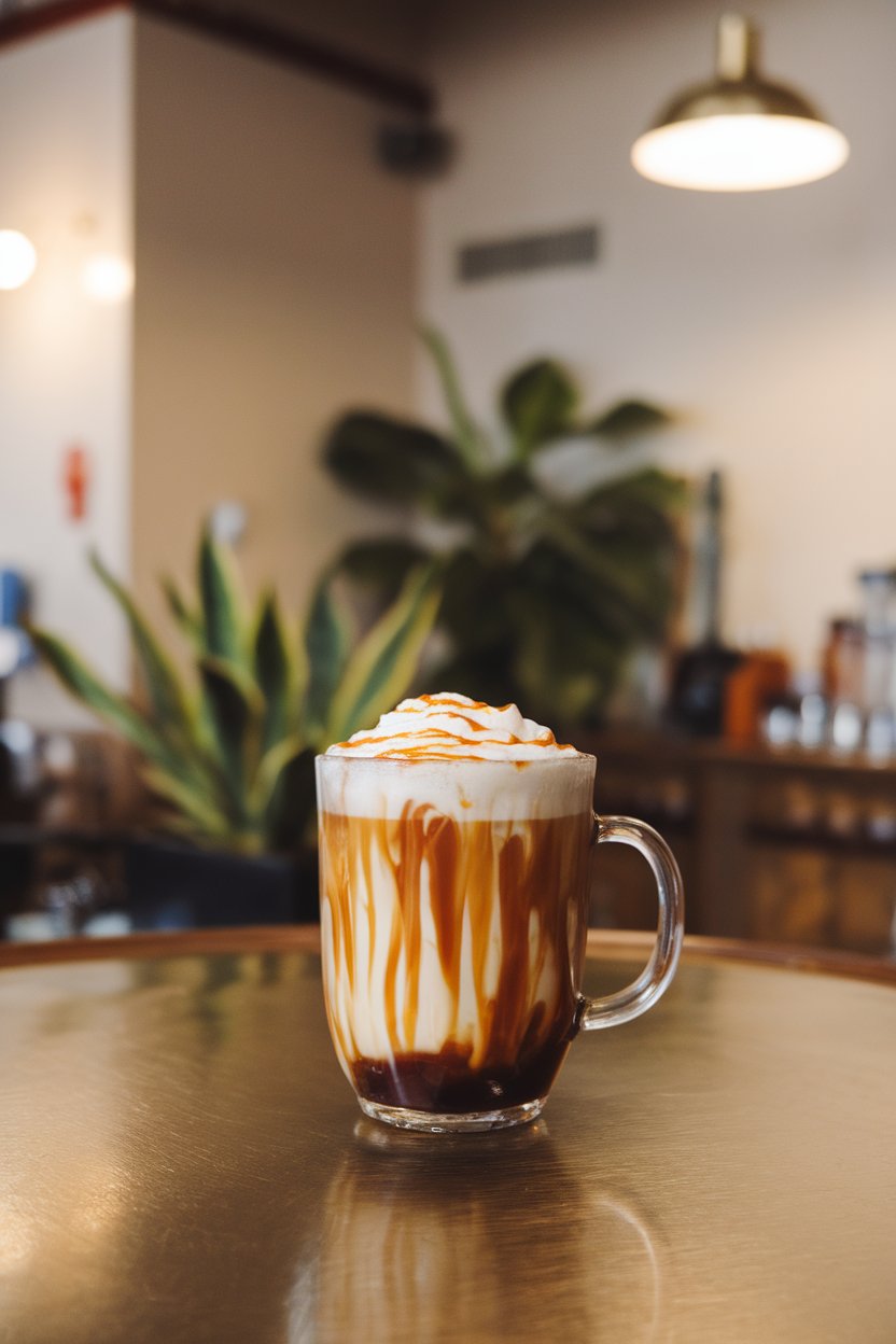 An indoor pub-style table with clear glass mug of coffee, caramel drizzle inside glass, thick cream layer on top; photo, not illustration; no text or logos.