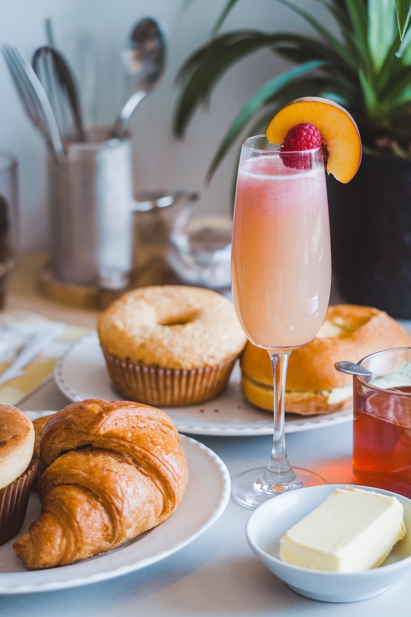 An indoor brunch spread with flute of peach-pink mimosa, raspberry floating, peach slice on rim; photo, not illustration; no text or logos.