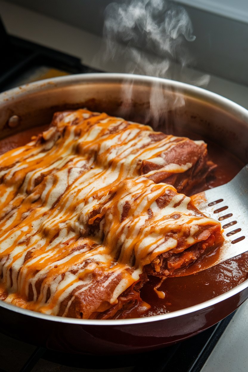 A photo taken indoors showing a rectangular pan of saucy beef enchiladas smothered in melted cheddar, with a spatula sliding out one portion. Steam is visible; no branding present.