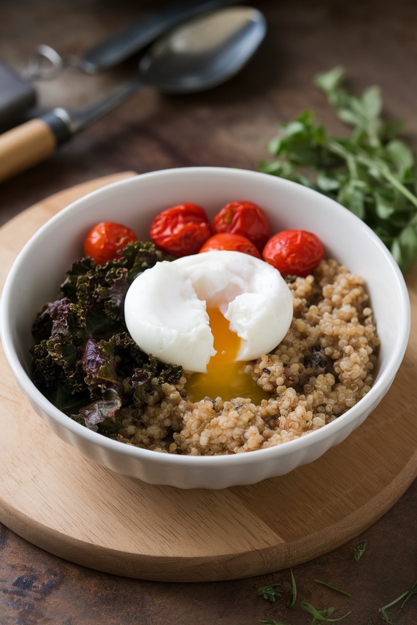 Indoor photo of a bowl containing warm quinoa, sautéed kale, roasted cherry tomatoes, and a soft-poached egg on top, yolk slightly runny. No text or logos.