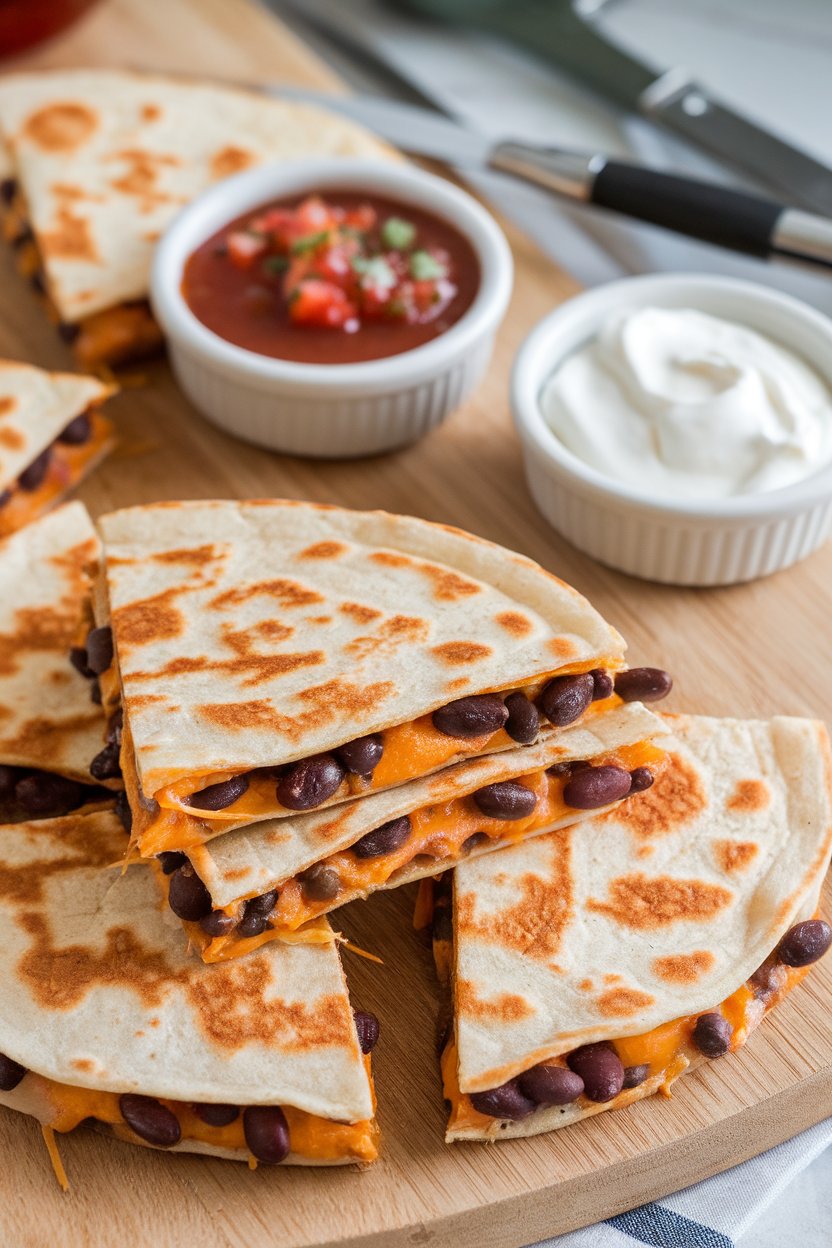 An indoor cutting board with wedges of black bean and cheese quesadillas, cheese strands visible, salsa and sour cream in small bowls. No text or logos. Photo, not illustration.