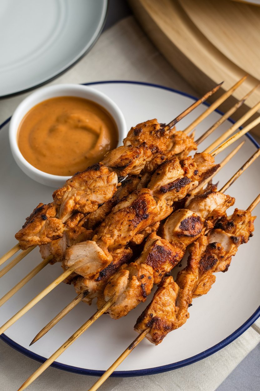 An indoor platter with short skewers of grilled chicken satay accompanied by a small bowl of peanut sauce—no text or logos. Photo, not illustration.