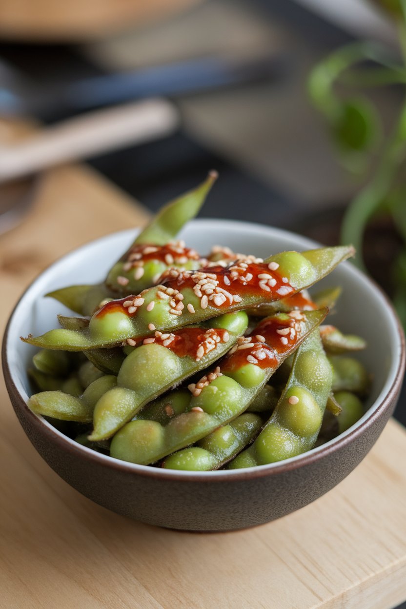 Indoor bowl of steamed edamame pods glistening with chili-garlic sauce, sesame seeds sprinkled on top. No text or logos.