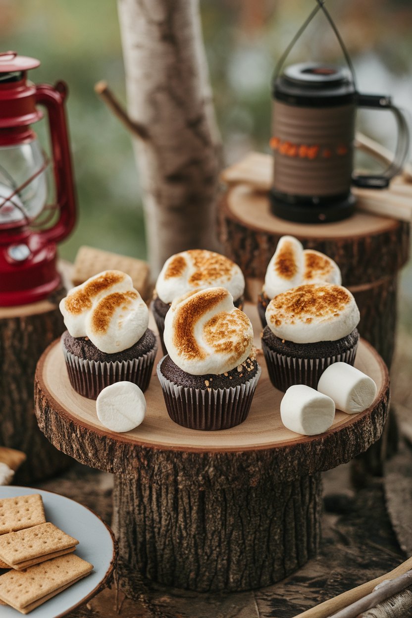 An indoor camp-themed dessert display of chocolate cupcakes topped with torched marshmallow frosting and graham crumbs. Photo, no text or logos.