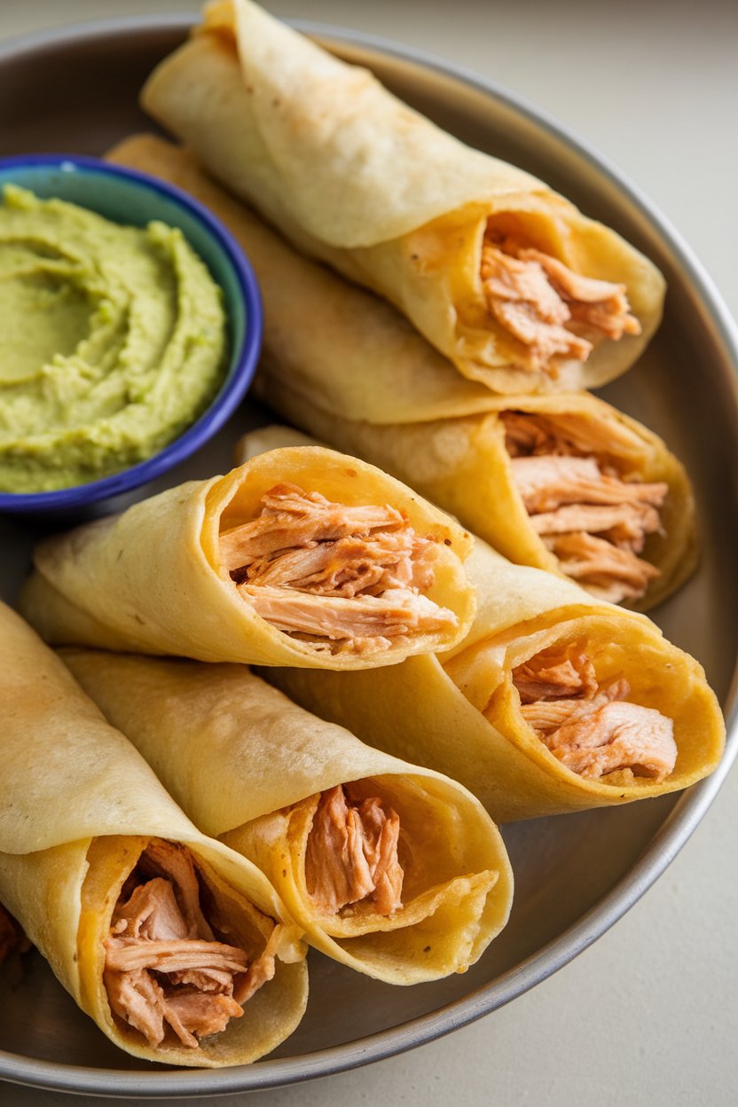 Indoor photo of crunchy rolled taquitos filled with shredded chicken, displayed in a shallow dish with guacamole on the side. No text or logos.