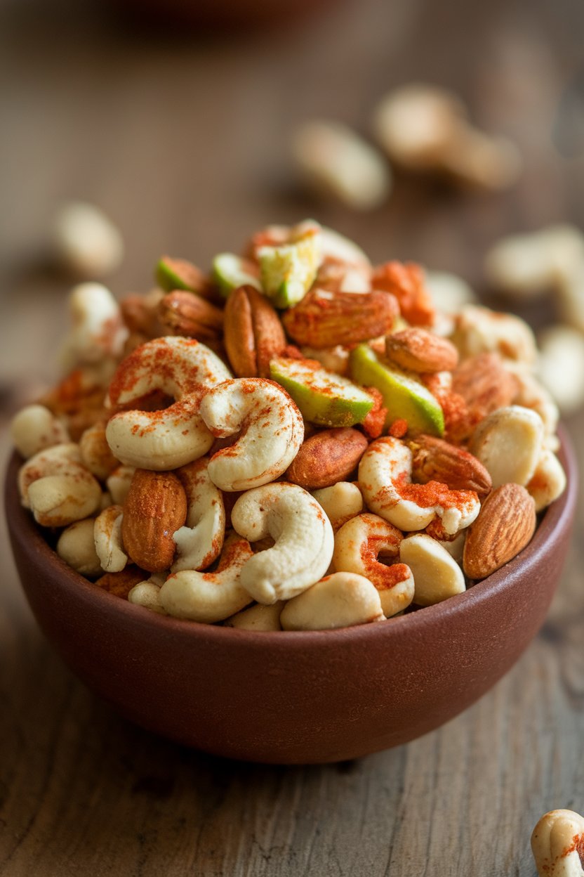 An indoor bowl of mixed nuts coated in reddish chili-lime seasoning, photographed close-up—no text or logos. Photo, not illustration.