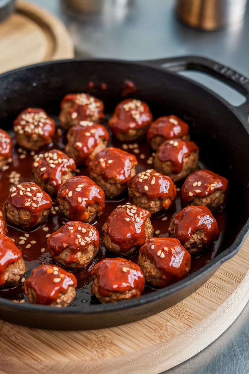 An indoor cast-iron skillet of small meatballs coated in deep red gochujang glaze, sesame seeds sprinkled, no logos.