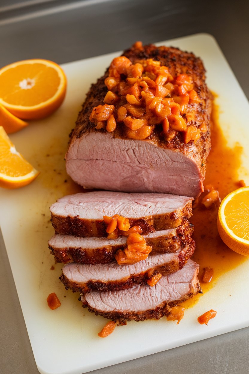Indoor countertop with sliced pork tenderloin topped with citrus-garlic mojo sauce, orange wedges nearby; no text or logos; photo only.