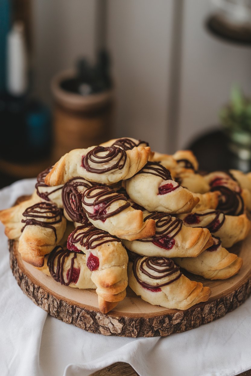 An indoor wooden board piled with crescent-shaped rugelach showing spirals of dark chocolate and red cherry filling. Photo, no text or logos.