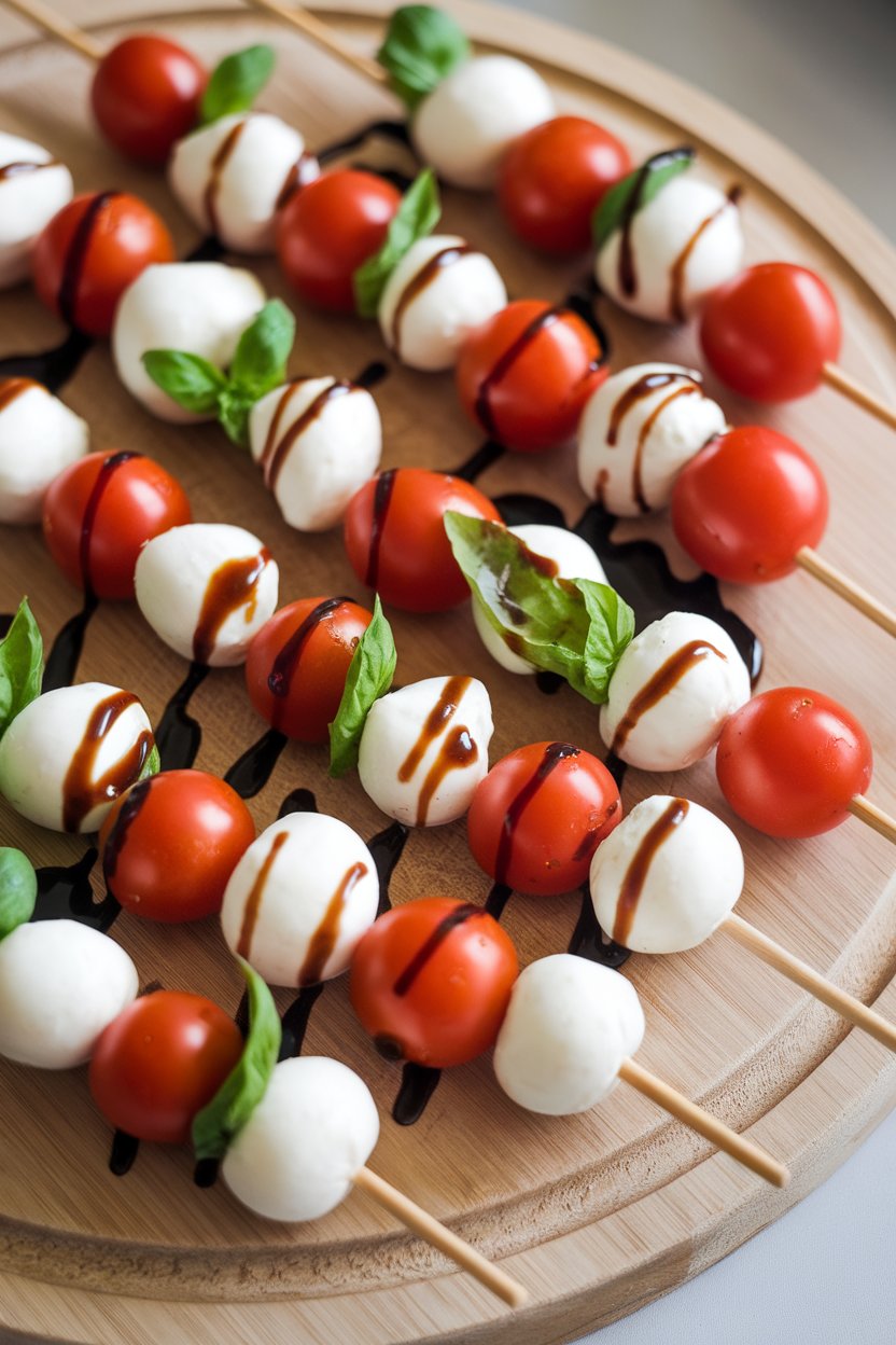 Indoor platter with small skewers of cherry tomatoes, mozzarella balls, and basil leaves, drizzled lightly with balsamic reduction, no text or logos. Photo only.