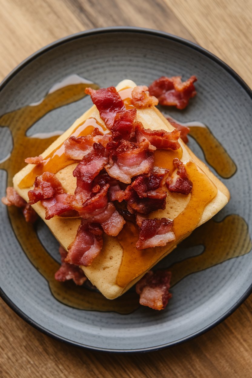 Indoor plate with a square of maple-bacon pancake, crisp bacon bits embedded on top and a drizzle of maple syrup, no text or logos.