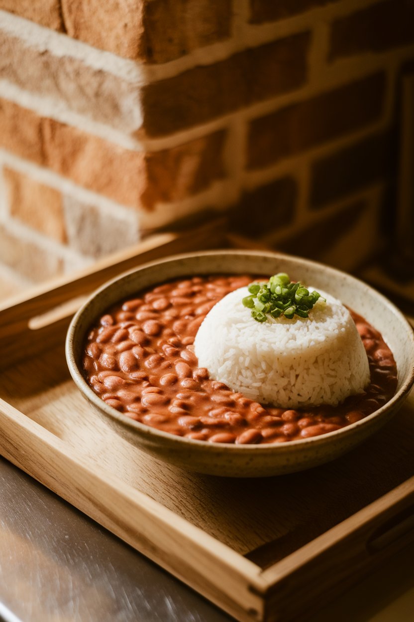 A warmly lit indoor setting with a bowl of creamy red beans nestled next to a mound of white rice, topped with chopped green onions. Photo, no text or logos.