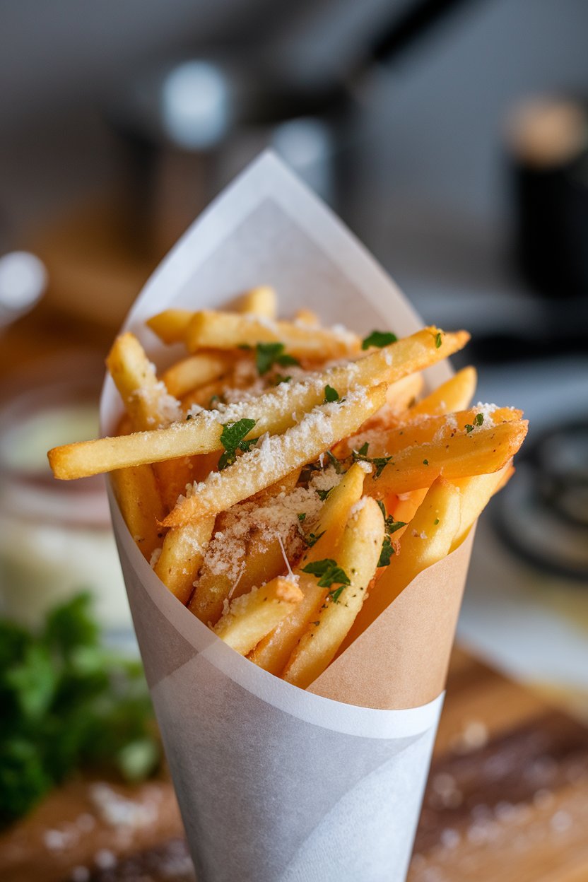 Indoor photo of a parchment cone overflowing with crisp French fries dusted with grated parmesan and chopped parsley. No text or logos.