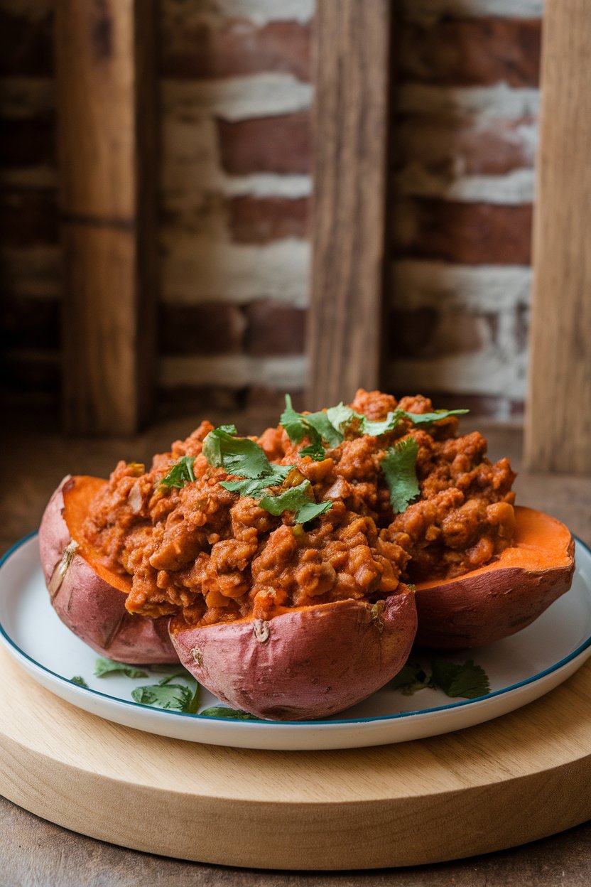 Indoor plate featuring halved roasted sweet potatoes overflowing with turkey chili and topped with chopped cilantro. No text or logos.