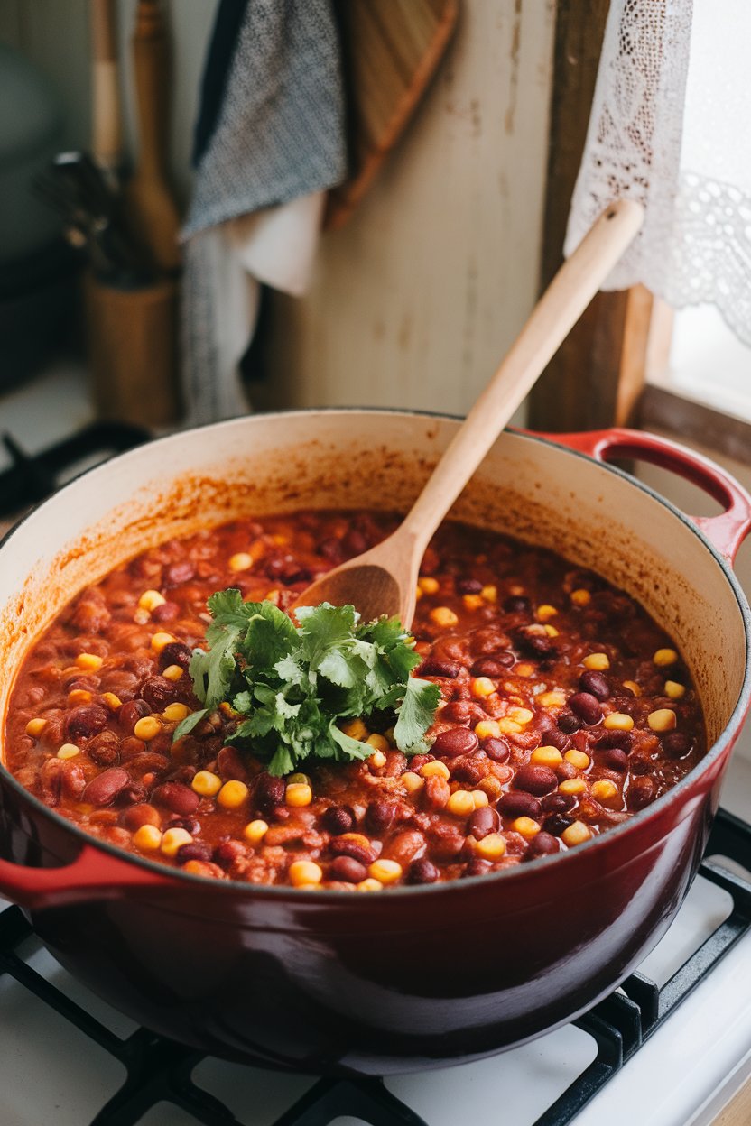 Indoor photo of a Dutch oven filled with chunky bean chili dotted with yellow corn kernels on the stovetop. No text or logos.