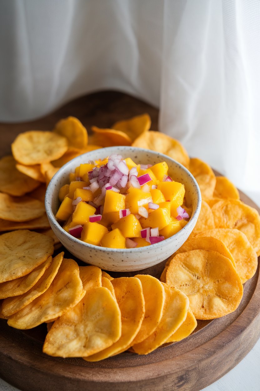 Indoor photo of bright mango salsa in a bowl with golden plantain chips arranged alongside. No text or logos.