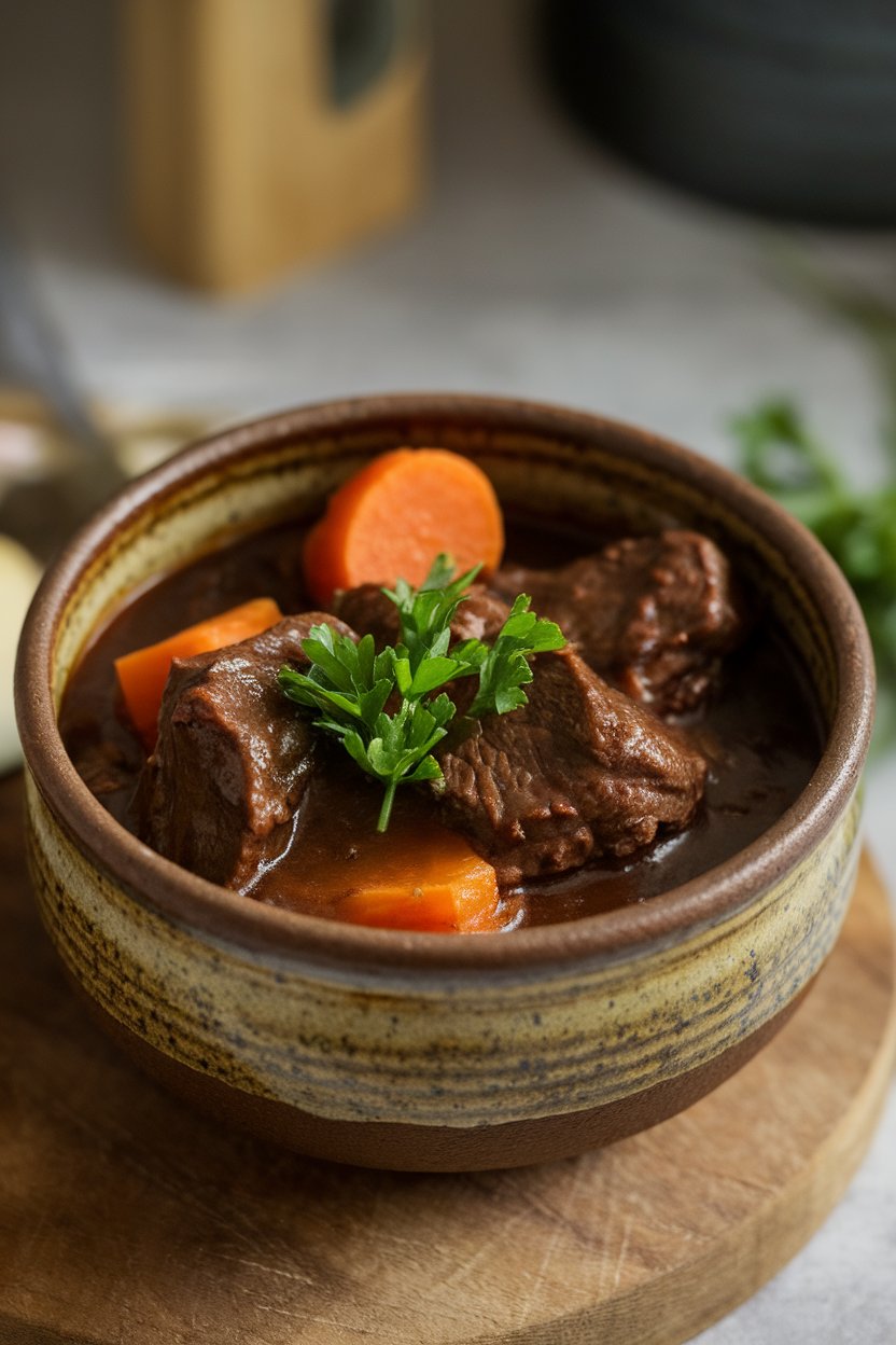 Indoor photo of a dark, rich beef stew in a rustic ceramic bowl with chunks of carrot and potato visible, fresh parsley sprinkled on top, no text or logos