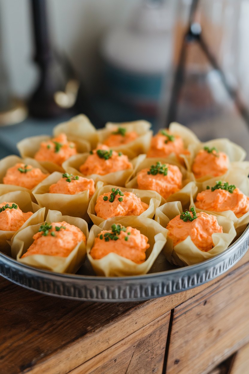 An indoor serving tray lined with individual phyllo cups filled with creamy orange Buffalo chicken dip, a light sprinkle of chives on top. No text or logos in the frame.
