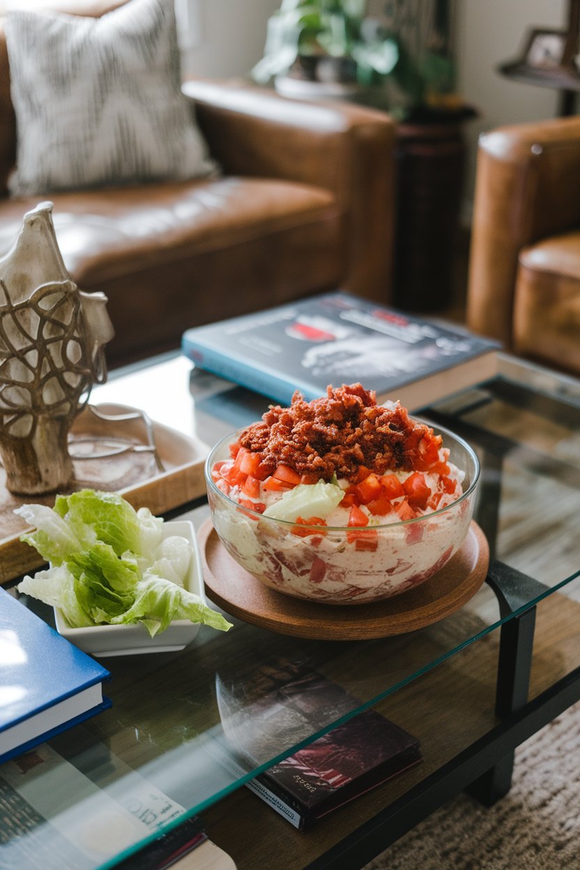 Indoor family-room coffee table featuring a bowl of BLT dip topped with diced tomatoes and crumbled bacon, lettuce pieces on the side for scooping. No visible branding.