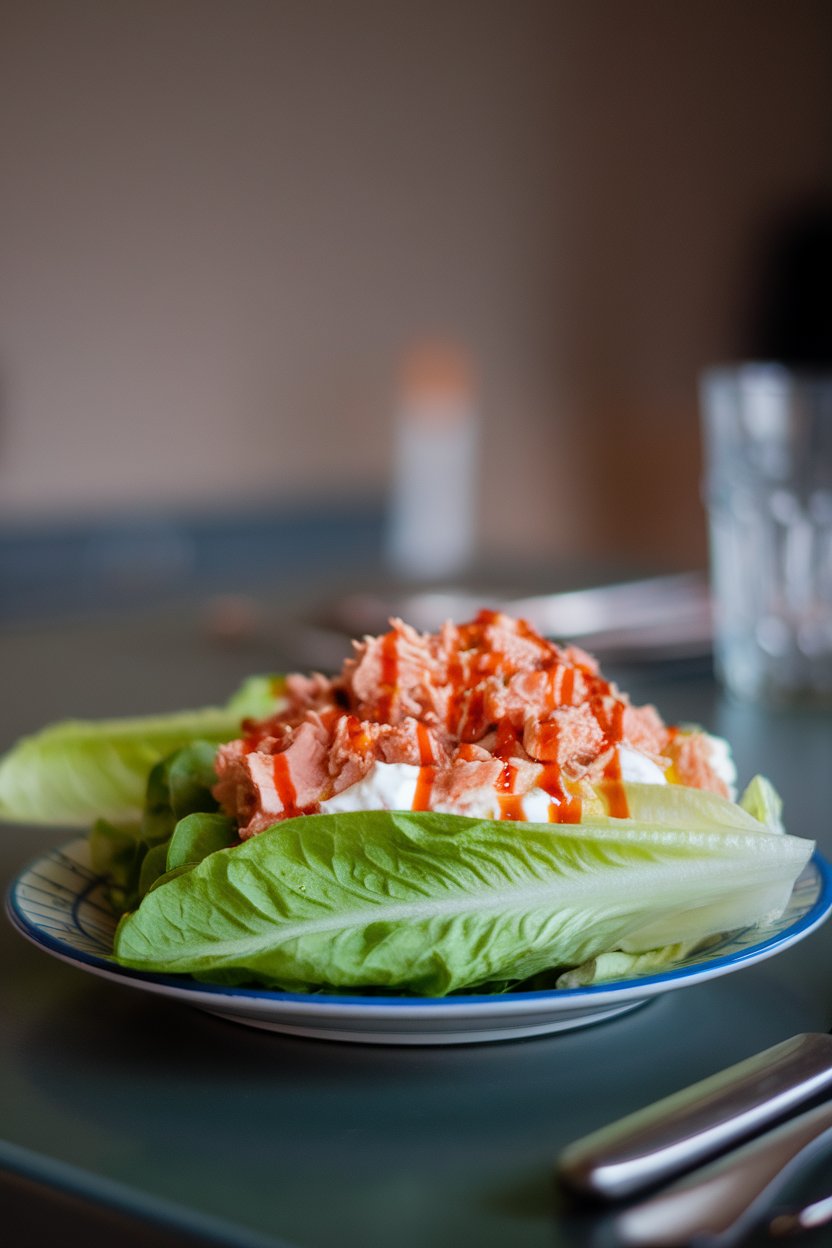 A plate on an indoor table featuring crisp romaine leaves filled with a tuna and Greek yogurt mix drizzled with sriracha; no text or logos.