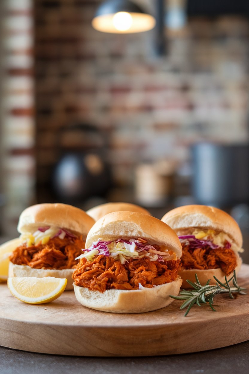Indoor photo of small brioche buns filled with saucy pulled jackfruit and colorful cabbage slaw, no text or logos