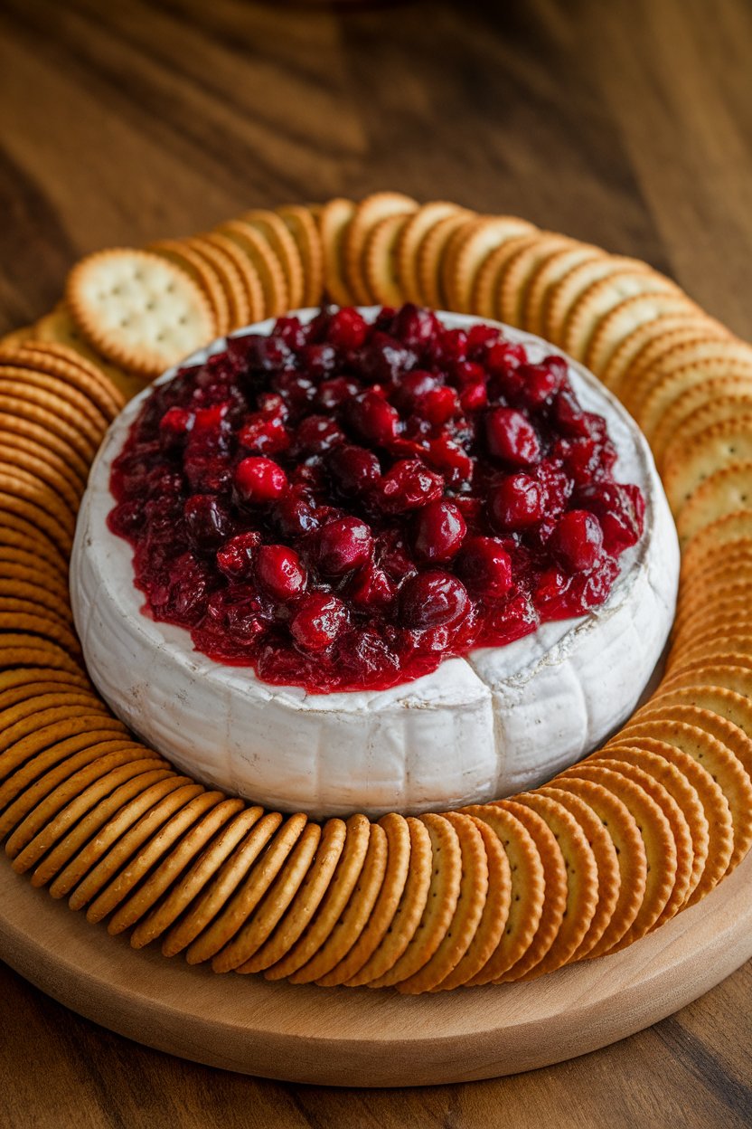 Indoor wooden board displaying a wheel of baked brie topped with cranberry chutney and surrounded by crackers, no text or logos. Photo only.