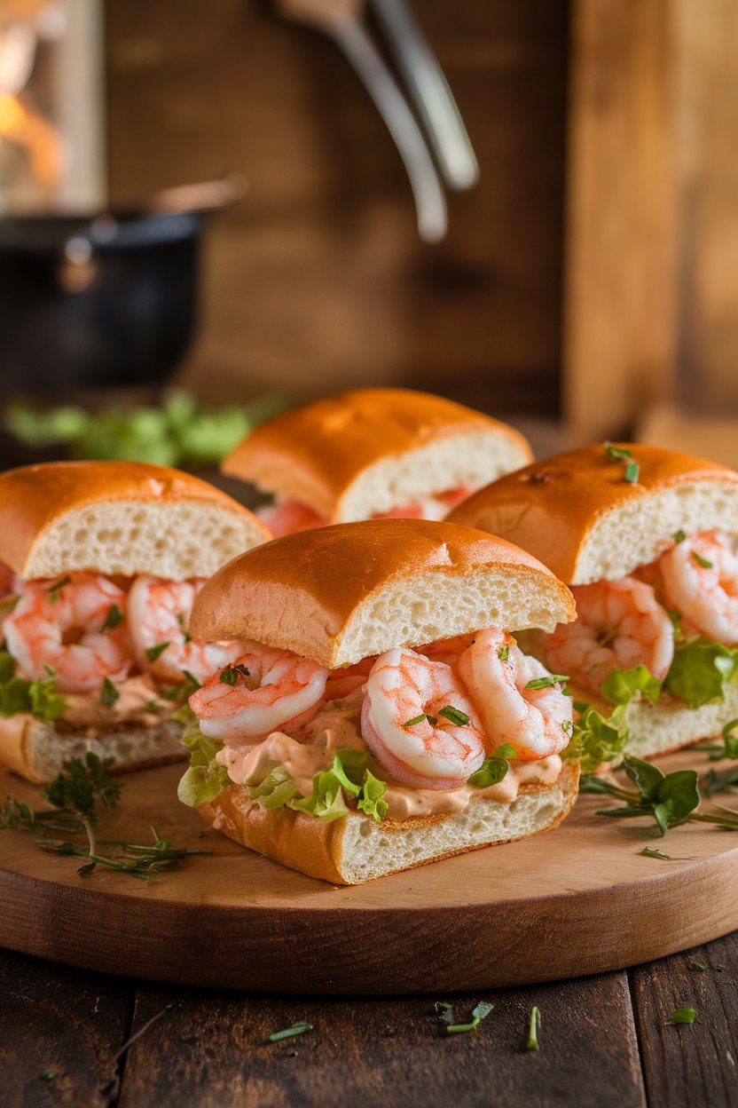 Photo of mini po’ boy sandwiches filled with cooked Cajun shrimp, lettuce, and remoulade indoors, no text or logos