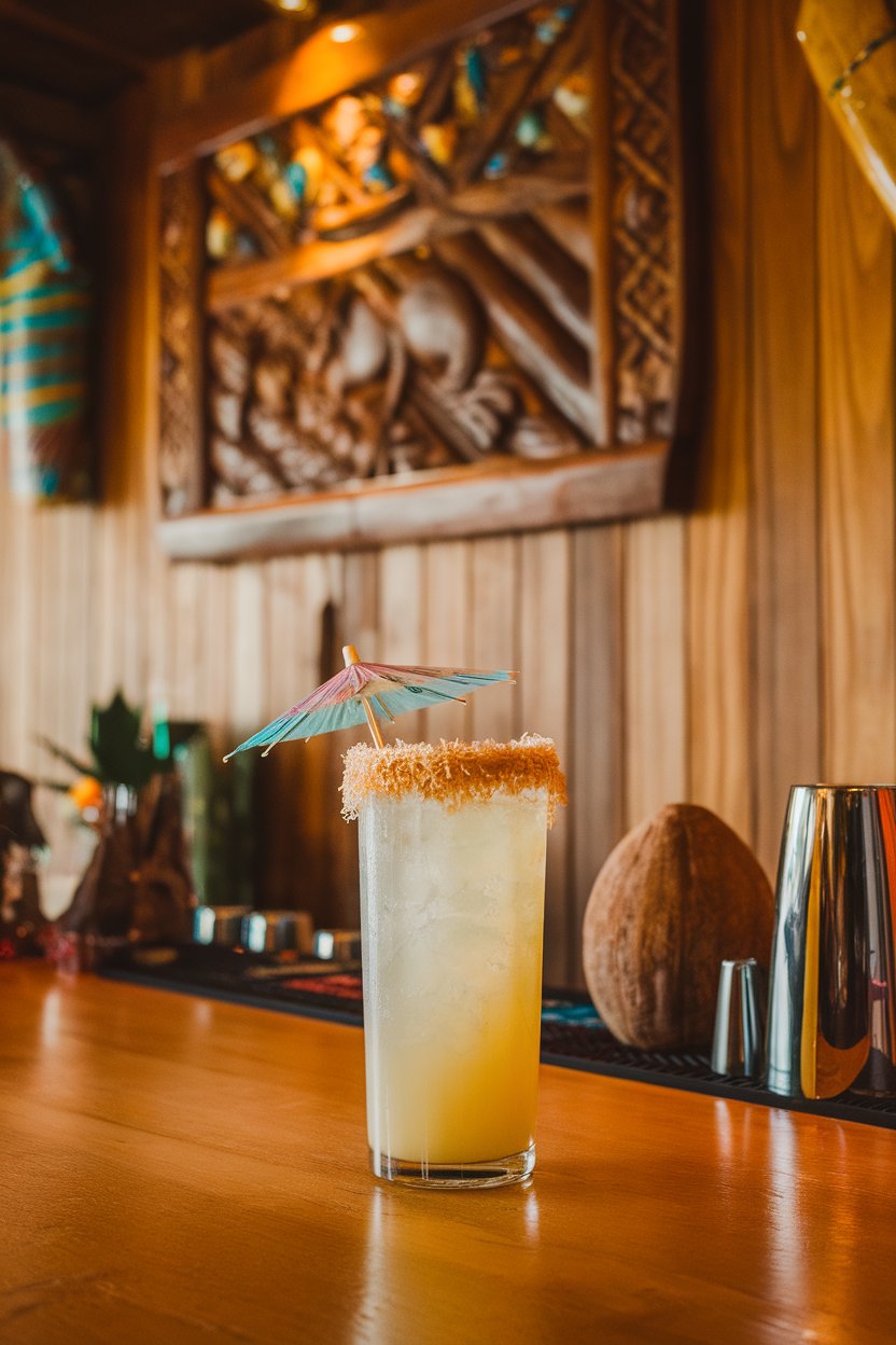 Indoor tiki-style bar showing a tall glass of light yellow drink, umbrella garnish, flaked coconut rim. No text or logos.